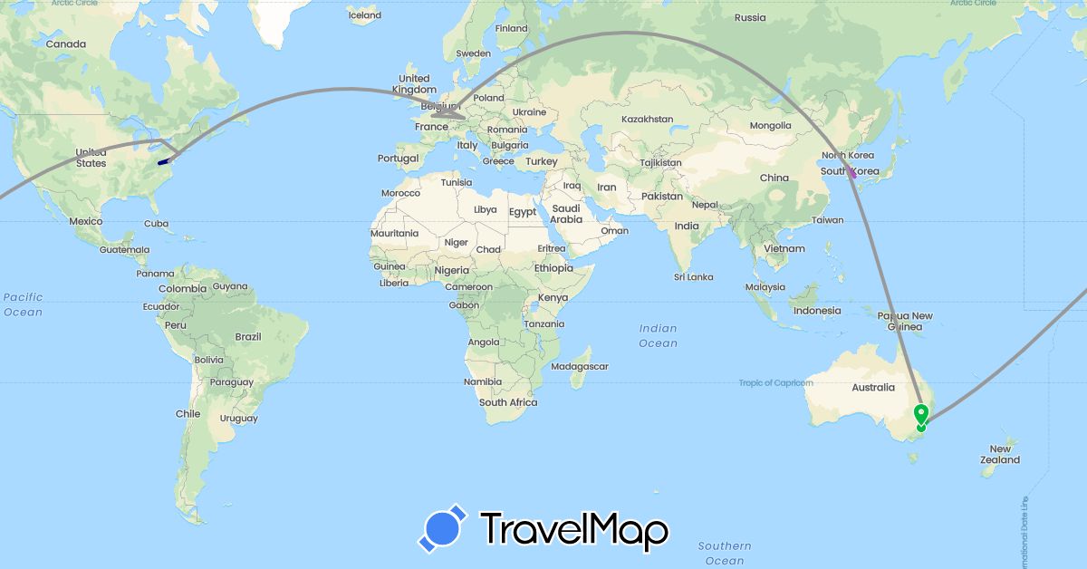 TravelMap itinerary: driving, bus, plane, train in Australia, Canada, Germany, France, South Korea, United States (Asia, Europe, North America, Oceania)